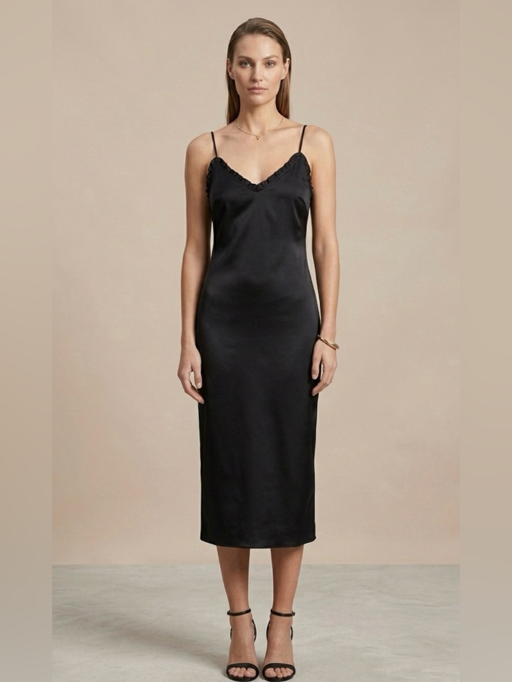 Anthropologie | Maison Cinqcent Black Silk Ruffle V-Neck Midi Slip Dress - XS